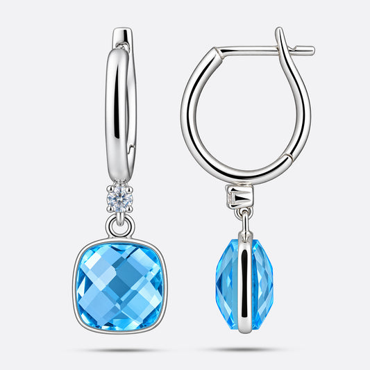 Pair of aqua chalcedony drop hoop earrings in sterling silver, showing one from the front and the other with its clasp open.