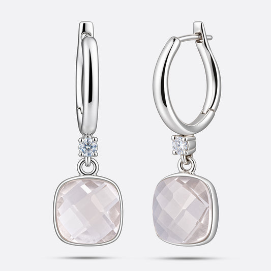 A pair of 925 sterling silver drop hoop earrings featuring cushion-cut White Quartz gemstones suspended from polished hoops.