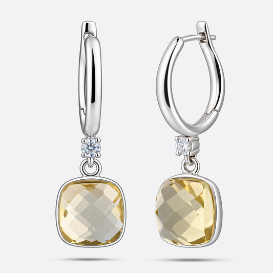 RILAVE Lemon Quartz drop hoop earrings in sterling silver, showing pale yellow cushion-cut stones and round clear accents.