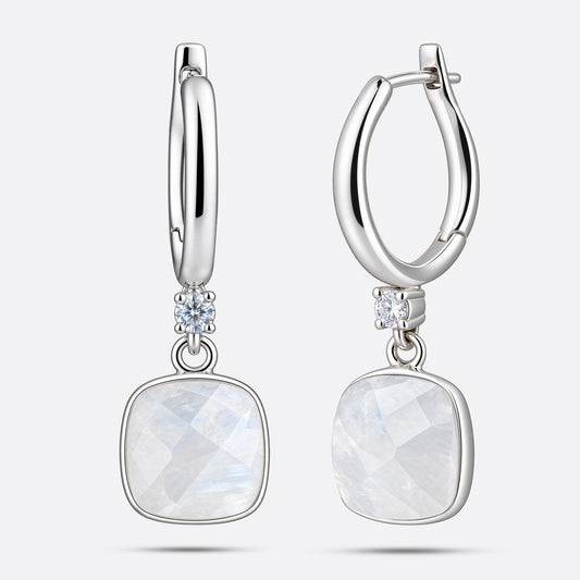 RILAVE Rainbow Moonstone drop hoop earrings in sterling silver, showing faceted cushion-shaped stones and an open hinged hoop.