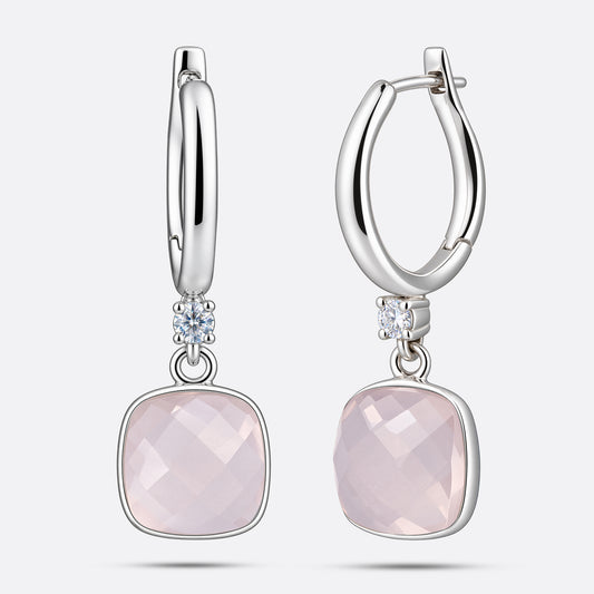 RILAVE Lumi Rose Quartz drop hoop earrings shown from the front and at an angle, with faceted pink stones and clear accents.