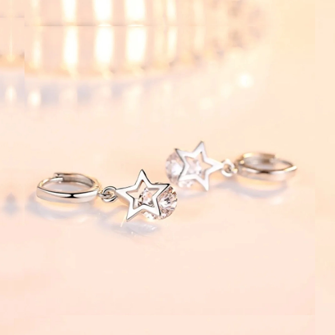 Rilave Stellar Sparkle Silver Star Drop Earrings