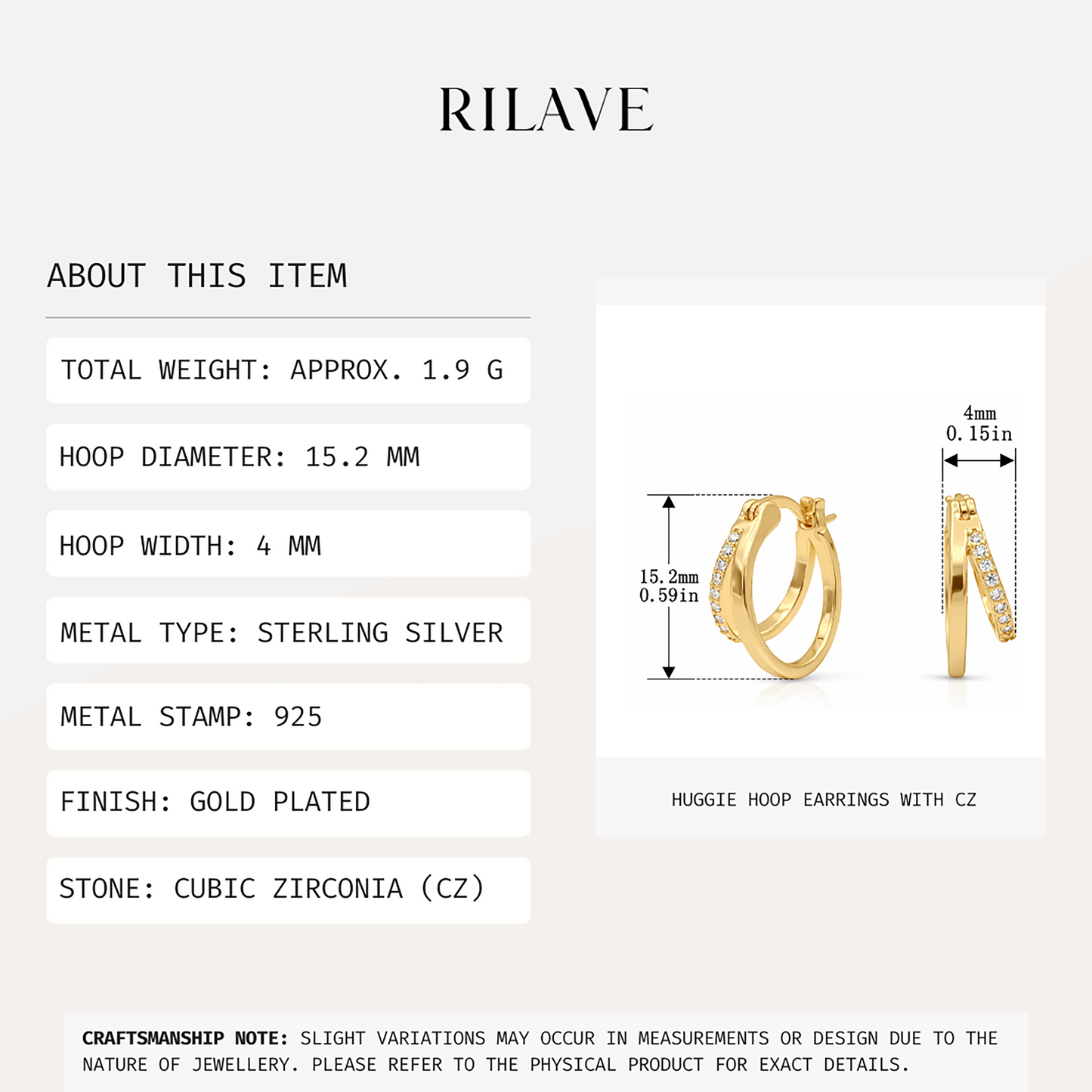 Rilave 925 Sterling Silver CZ Huggie Hoop Earrings