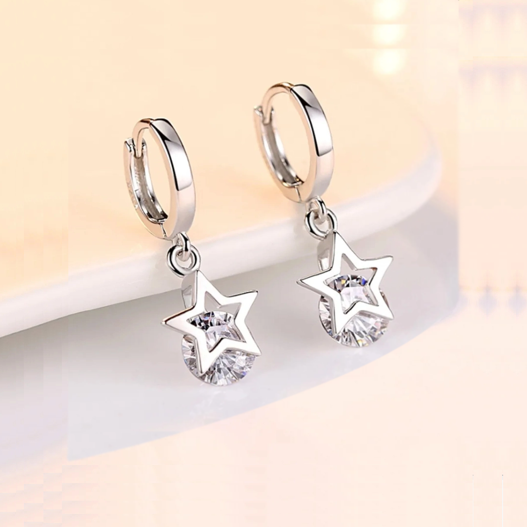Rilave Stellar Sparkle Silver Star Drop Earrings