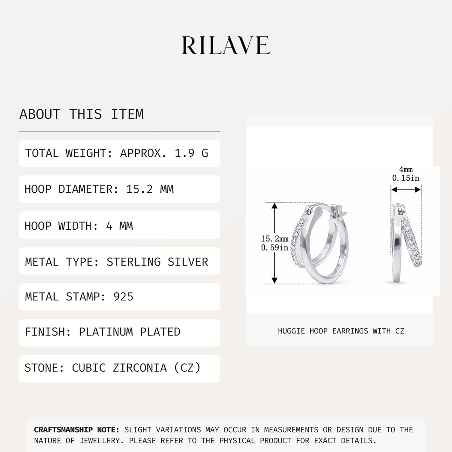 Rilave 925 Sterling Silver CZ Huggie Hoop Earrings