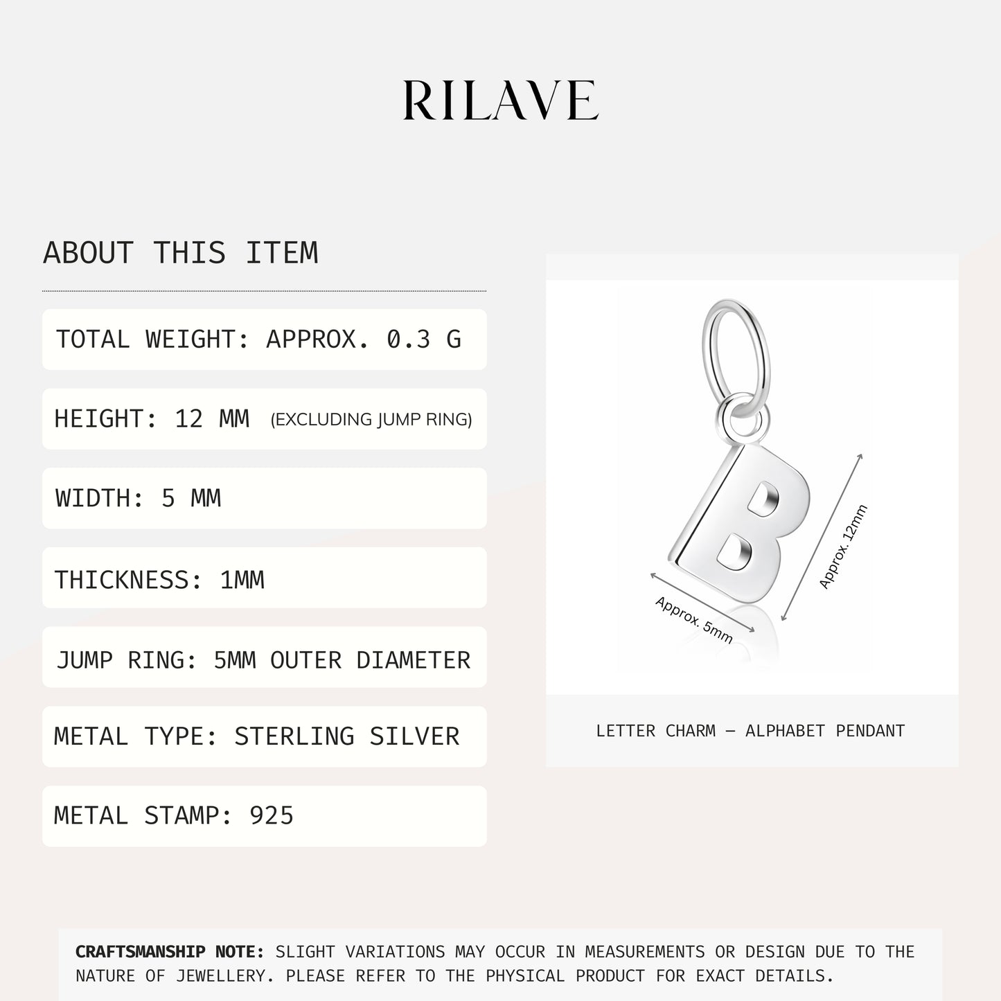 Rilave 925 Sterling Silver Alphabet Charm – A–Z Initial Pendant