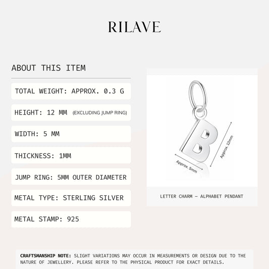 Rilave 925 Sterling Silver Alphabet Charm – A–Z Initial Pendant