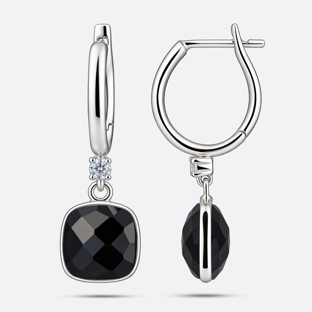 Front and side views of the silver drop hoop earrings, showing the black garnet's faceted face and the depth of its setting.