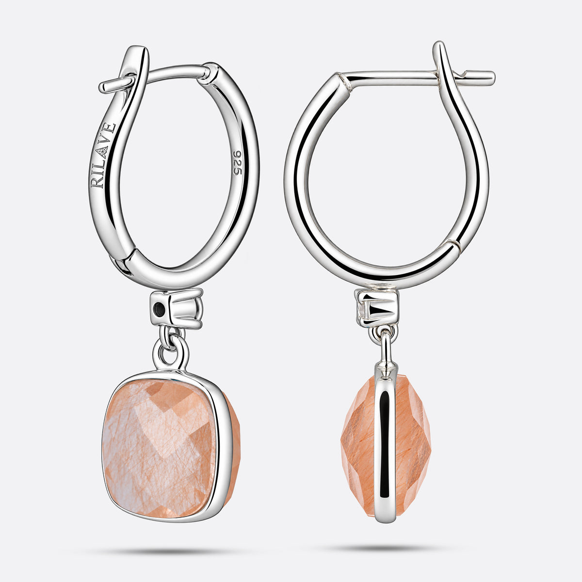 Rear and side views of golden rutilated quartz drop hoop earrings, showing RILAVE and 925 engravings on the silver hoop.