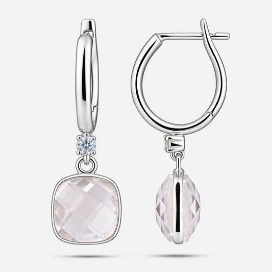 Front and profile views of the White Quartz drop hoop earrings, revealing the gemstone's depth and the secure silver mount.