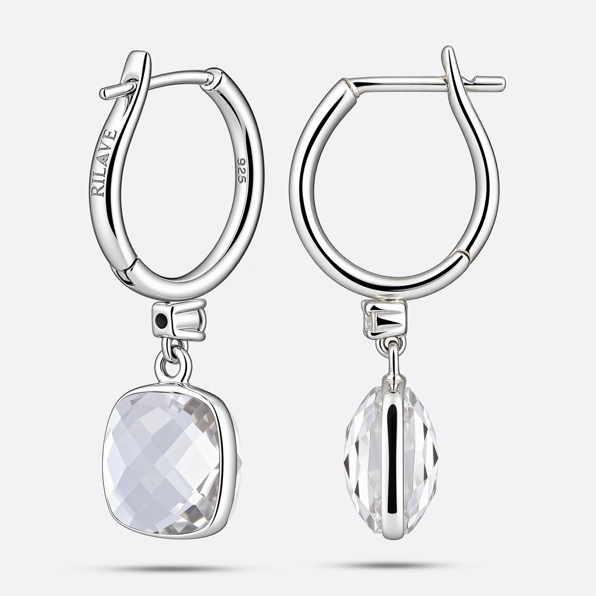 Reverse view of the silver drop earrings showing the secure clasp mechanism, RILAVE engraving, and 925 sterling silver hallmark.