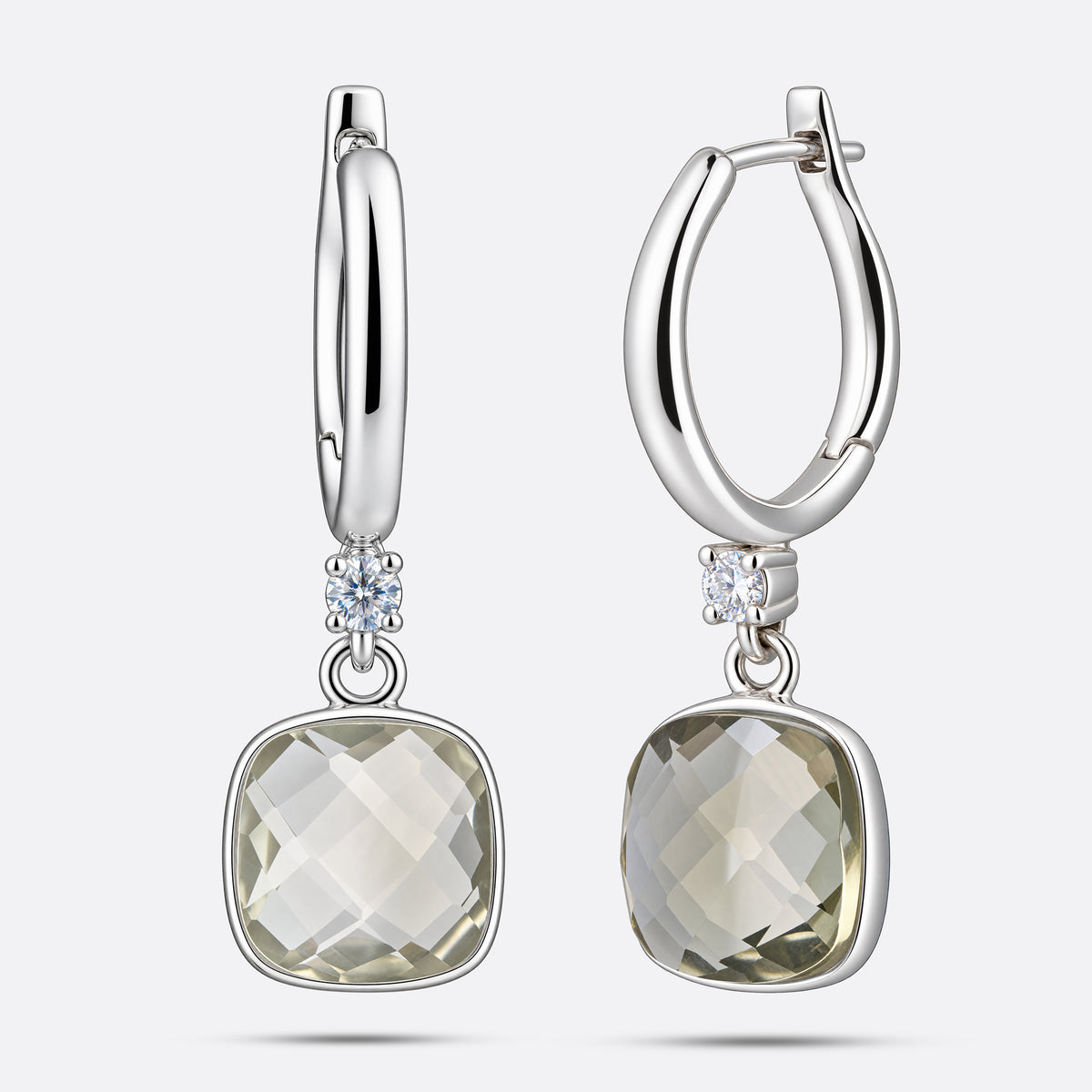 Pair of RILAVE Green Amethyst drop hoop earrings shown from the front and at an angle, with faceted pale green gemstones.