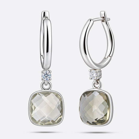 Pair of RILAVE Green Amethyst drop hoop earrings shown from the front and at an angle, with faceted pale green gemstones.