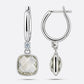 Green Amethyst drop hoop earrings shown from the front and side, revealing the faceted stones, silver settings and hinged hoops.