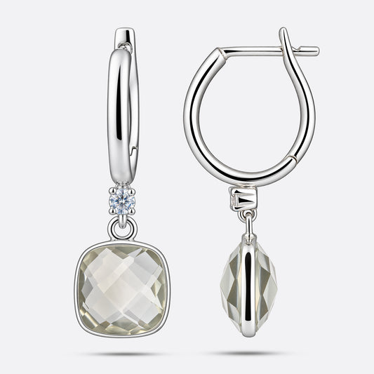 Green Amethyst drop hoop earrings shown from the front and side, revealing the faceted stones, silver settings and hinged hoops.