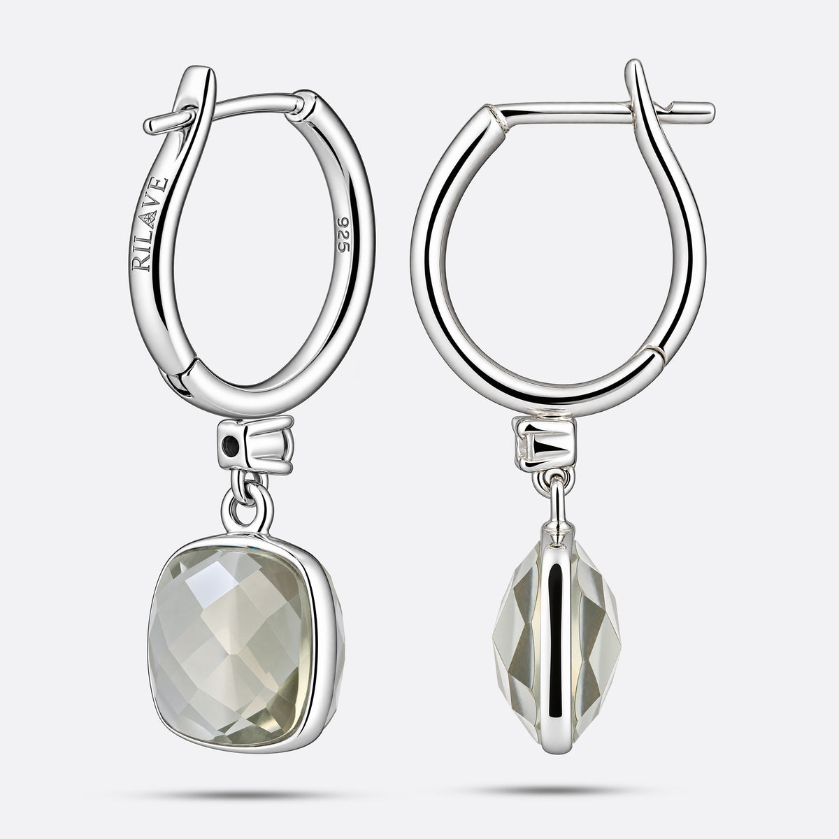 Rear and side views of RILAVE Green Amethyst drop hoop earrings, showing the hinged clasps, brand engraving and 925 mark.