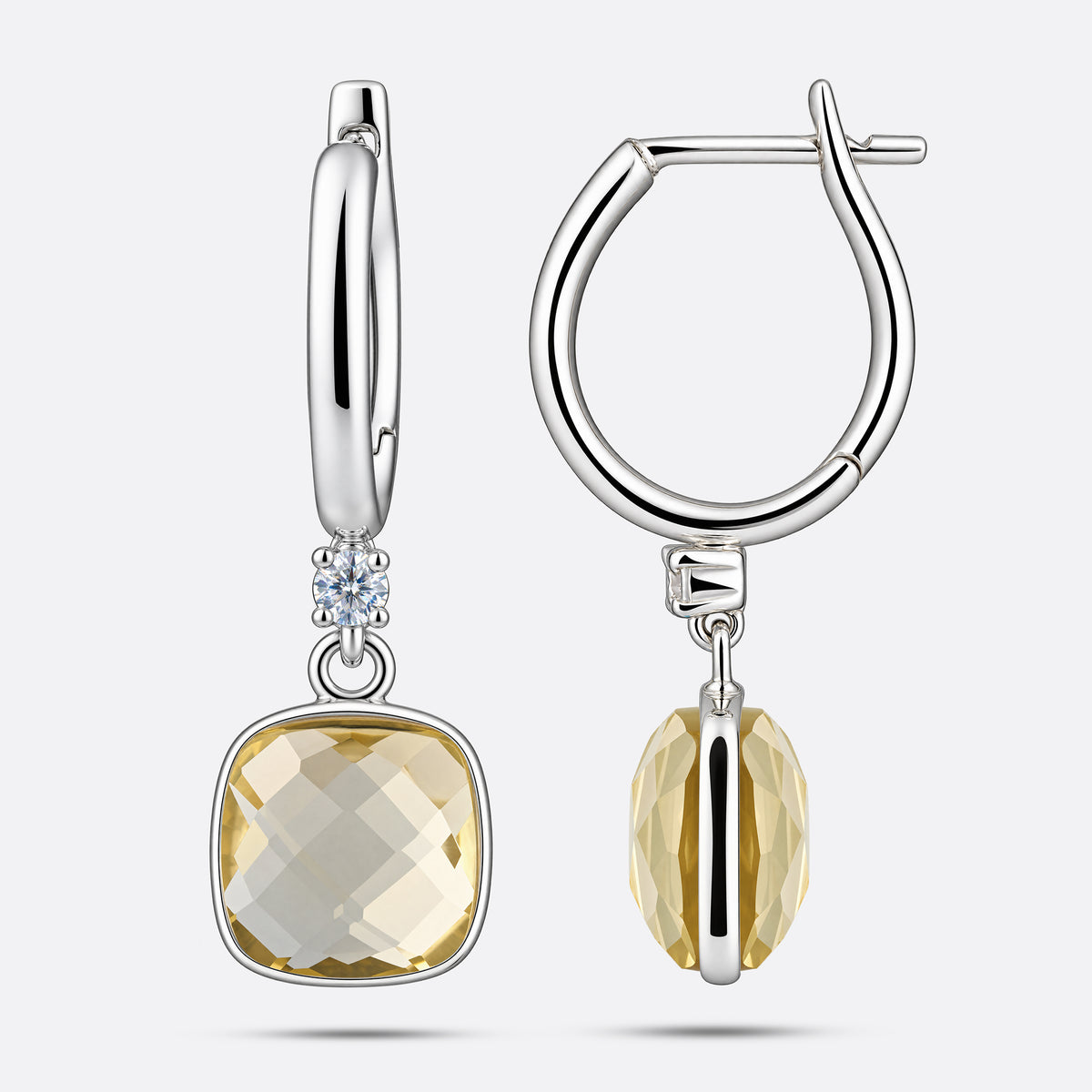 Front and side views of Lemon Quartz drop hoop earrings, showing the faceted yellow gemstones and open silver hoop fastening.
