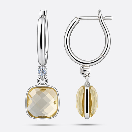 Front and side views of Lemon Quartz drop hoop earrings, showing the faceted yellow gemstones and open silver hoop fastening.