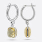Rear and side views of RILAVE Lemon Quartz drop hoop earrings, revealing the 925 marking, brand engraving and hinged clasps.