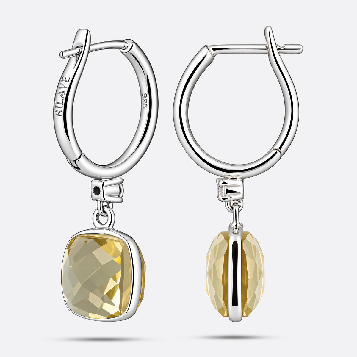 Rear and side views of RILAVE Lemon Quartz drop hoop earrings, revealing the 925 marking, brand engraving and hinged clasps.