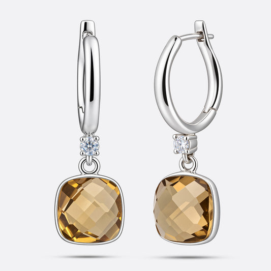 Olive Quartz drop hoop earrings showing a front-facing cushion-cut gemstone and an angled view of the open silver hoop.