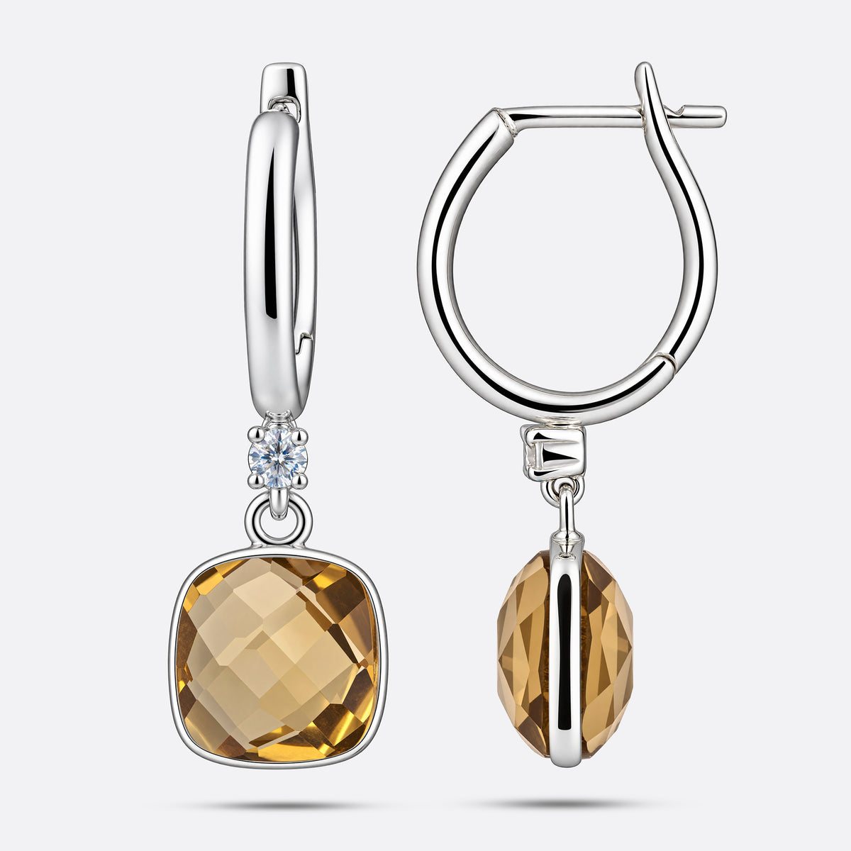 Front and side views of Olive Quartz drop hoop earrings, showing the faceted gemstone, silver setting and open hinged hoop.