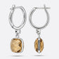 Rear view of the sterling silver Olive Quartz drop hoop earrings, showing the RILAVE and 925 engravings and hinged fastening.