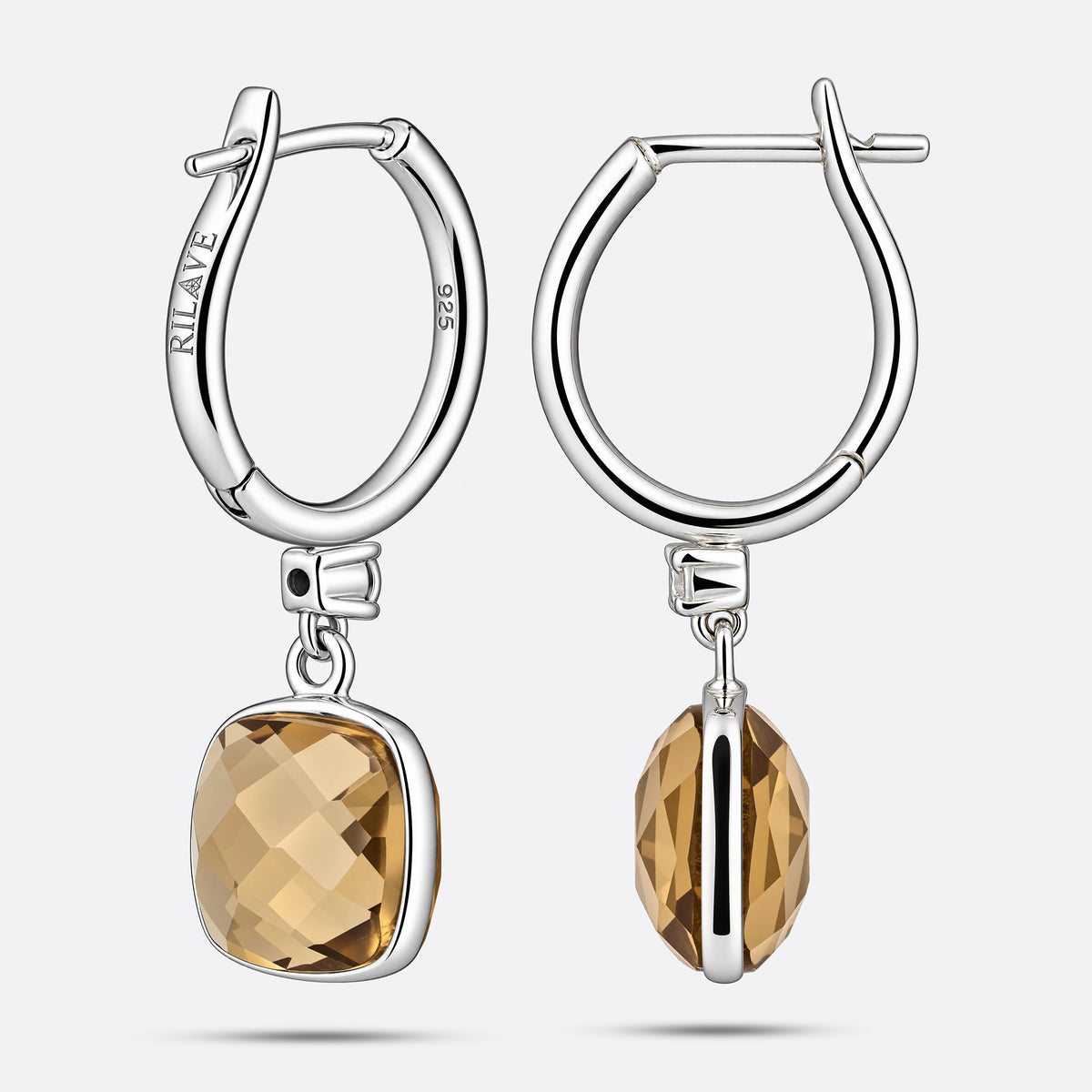 Rear view of the sterling silver Olive Quartz drop hoop earrings, showing the RILAVE and 925 engravings and hinged fastening.