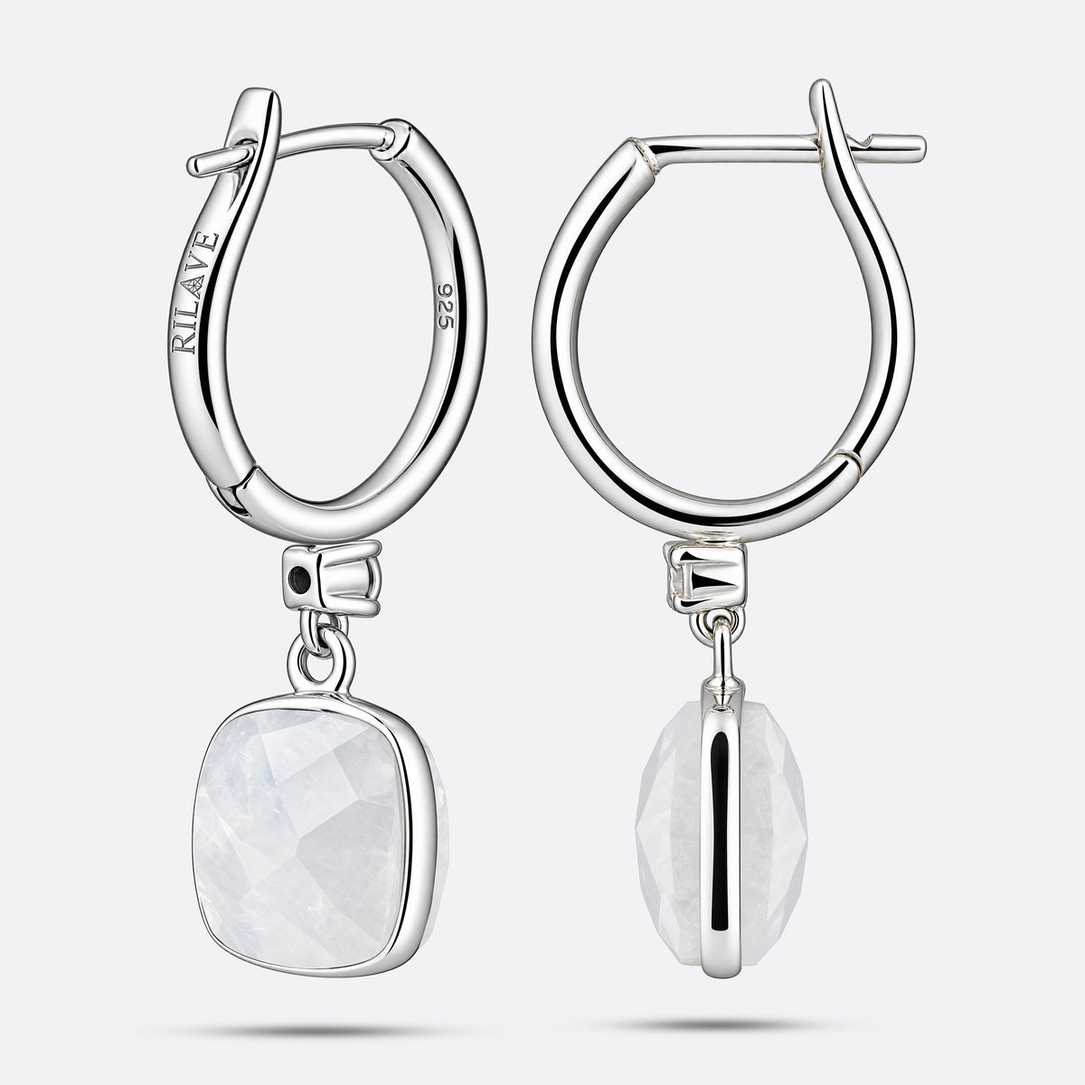 Reverse and side views of RILAVE Rainbow Moonstone drop hoop earrings, revealing the brand engraving, 925 stamp and hinged posts.