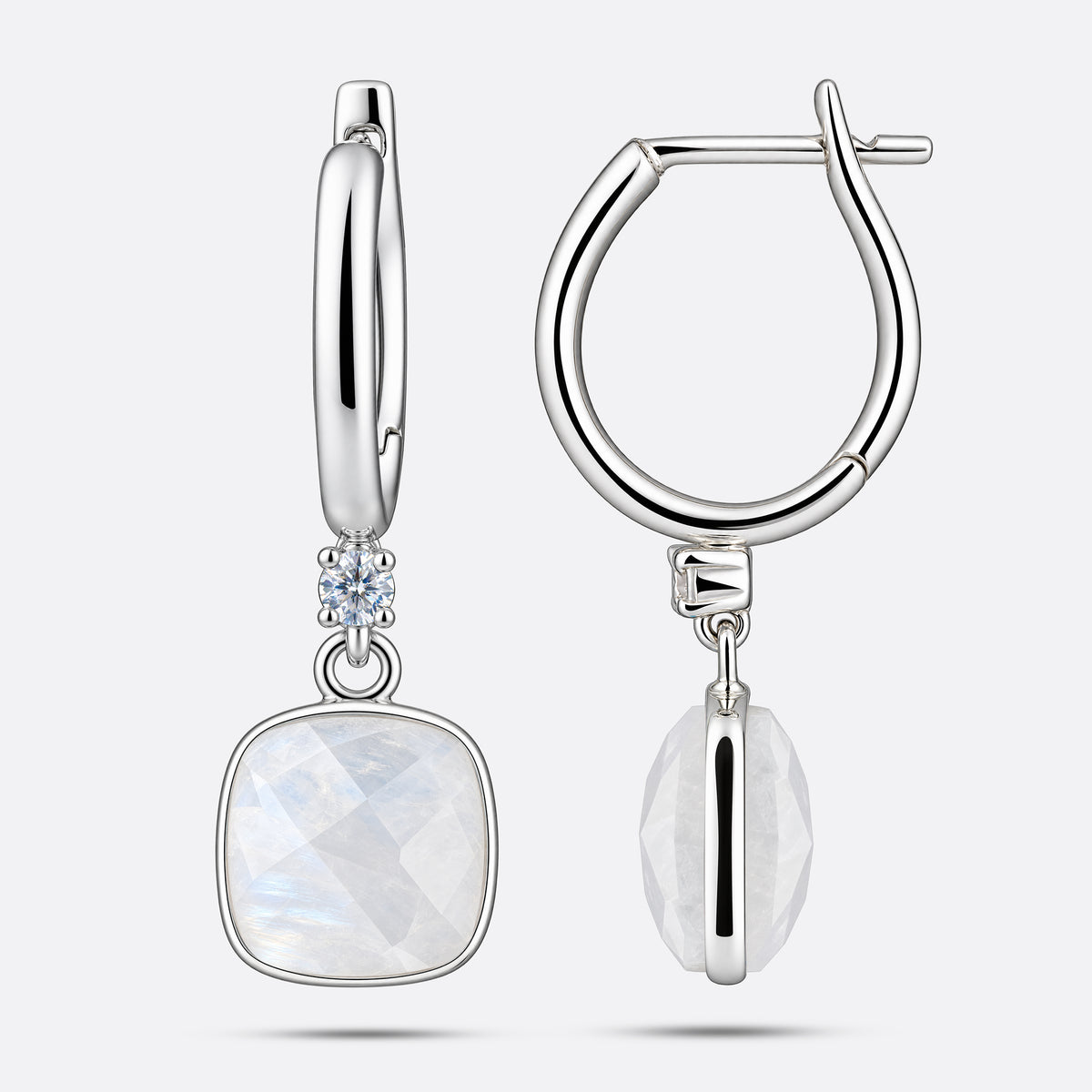 Front and side views of Rainbow Moonstone drop hoop earrings, showing the faceted gemstone, silver setting and open fastening.