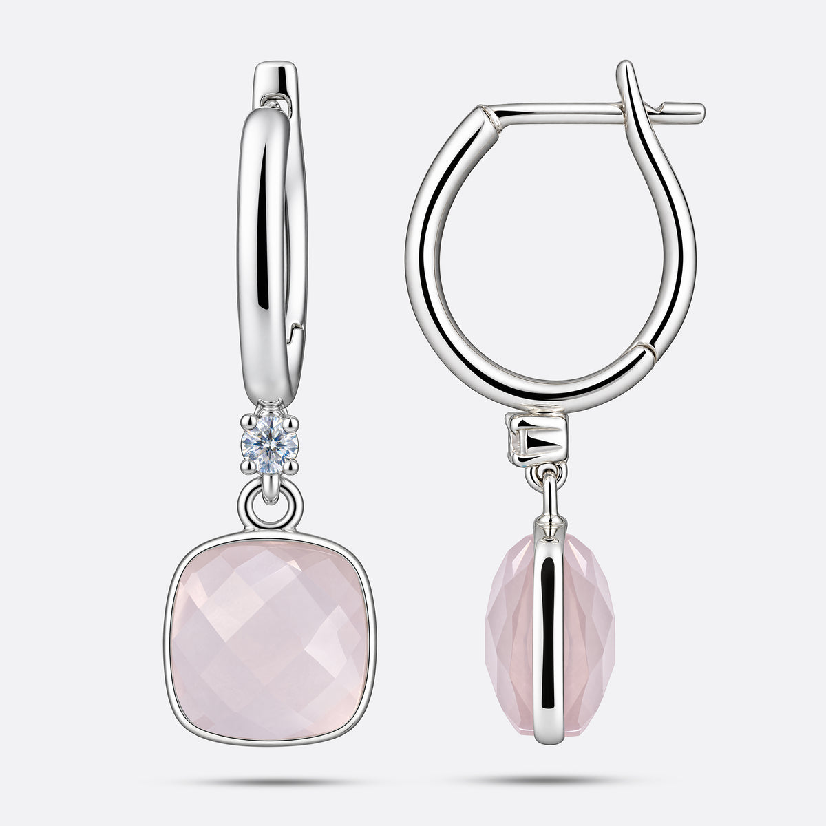 Front and side views of the RILAVE Rose Quartz drop hoop earrings, showing the faceted gemstone, silver setting and open clasp.