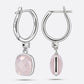 Rear and side views of RILAVE Rose Quartz drop hoop earrings, showing the RILAVE and 925 engravings, hinged hoops and stone settings.