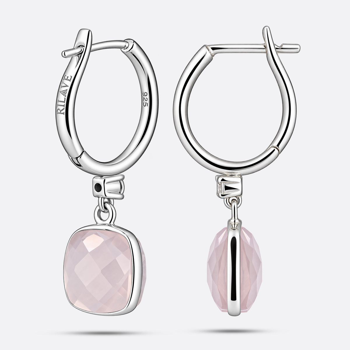 Rear and side views of RILAVE Rose Quartz drop hoop earrings, showing the RILAVE and 925 engravings, hinged hoops and stone settings.